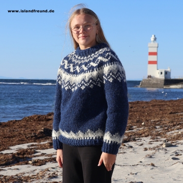 Kurzer handgestrickter Islandpullover ISF008C - Blau - A= 64cm, B= 58cm, C= 47cm
