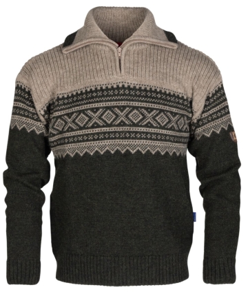Norweger Pullover Marius mit Hochkragen - forstgrün/beige