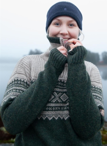 Norweger Pullover Marius mit Hochkragen - forstgrün/beige