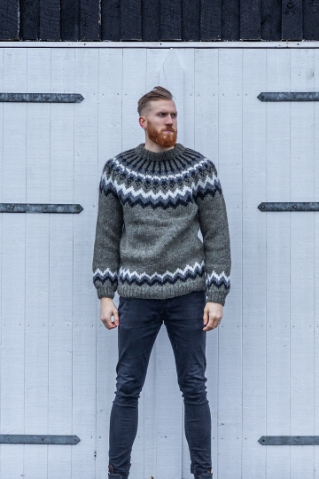 Herren Islandpullover HSI-216 - Handgestrickt - Grau-Grün