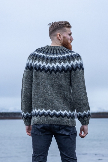 Herren Islandpullover HSI-216 - Handgestrickt - Grau-Grün