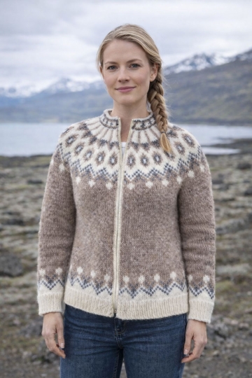 Damen Strickjacke mit Reißverschluss - Handgestrickt - beige/weiß