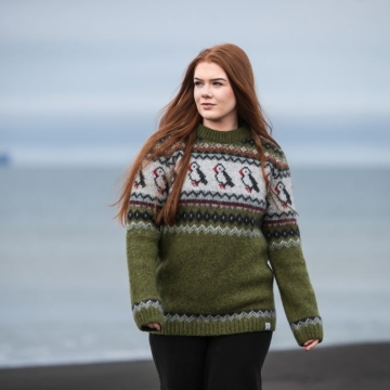 Herren / Damen Wollpullover - Puffin - grün kombi