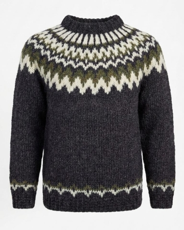 Islandpullover - Handgestrickt in Island - Schwarz / Weiß / Grün-Meliert