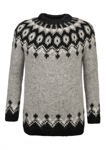 Hand-knit Icelandic Jumper HSI-230 - light grey - black