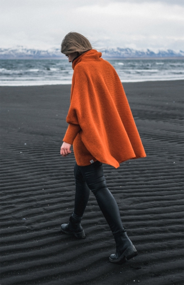 Strick-Poncho mit Kragen - orange