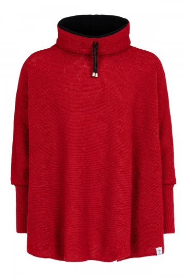 Womens Wool Poncho with collar - red