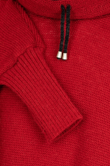 Damen Strick-Poncho mit Kragen - rot