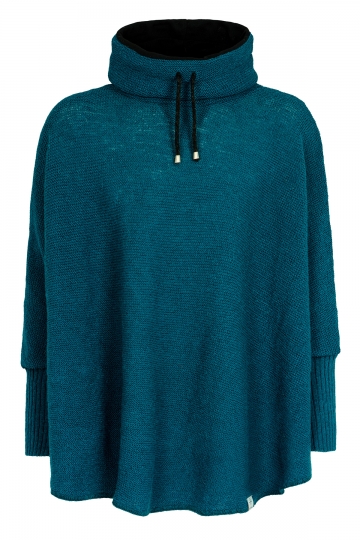 Womens Wool Poncho with collar - turquoise