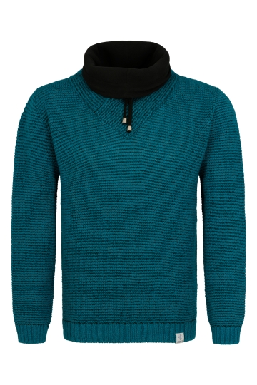 High Neck Wool Pullover with collar lining - turquoise