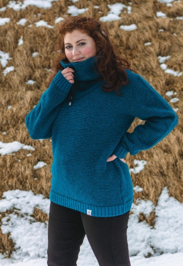 High Neck Wool Pullover with collar lining - turquoise