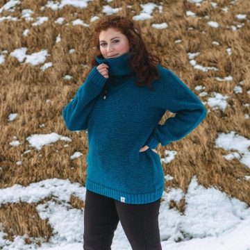 High Neck Wool Pullover with collar lining - turquoise