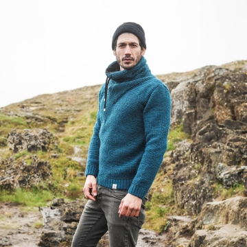 High Neck Wool Pullover with collar lining - turquoise