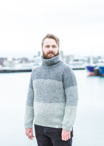 Isländischer Wollpullover mit Rollkragen - Blockstreifen - Grau