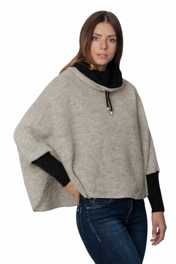 KIDKA 146 Short Wool Poncho - light grey / black