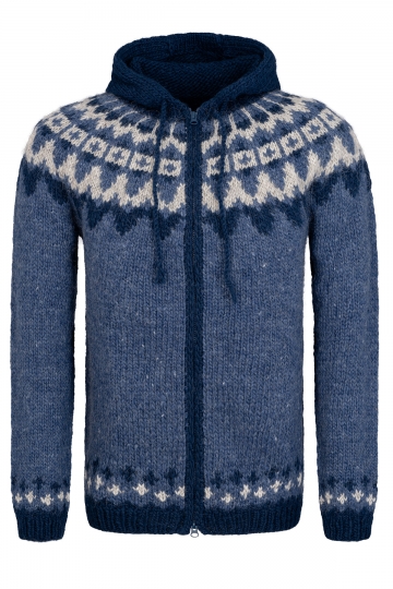 Isländische Kapuzenstrickjacke - Handgestrickt - HSI-261 - blau