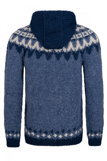 Hooded Icelandic Cardigan with zipper - hand-knit - blue