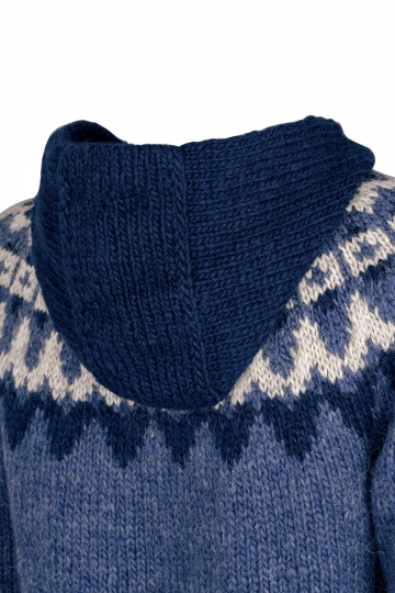 Hooded Icelandic Cardigan with zipper - hand-knit - blue