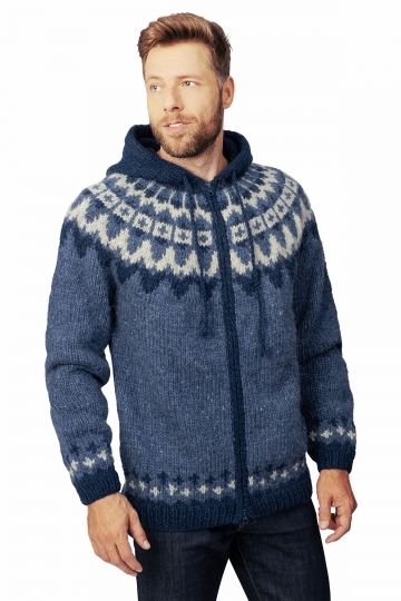 Hooded Icelandic Cardigan with zipper - hand-knit - blue