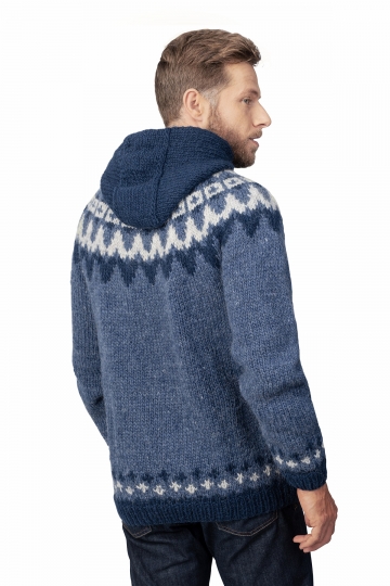 Hooded Icelandic Cardigan with zipper - hand-knit - blue