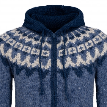 Hooded Icelandic Cardigan with zipper - hand-knit - blue