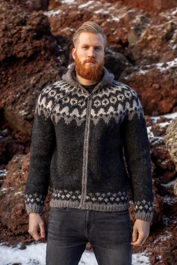 Hooded Icelandic Cardigan with zipper - hand-knit - black / brown