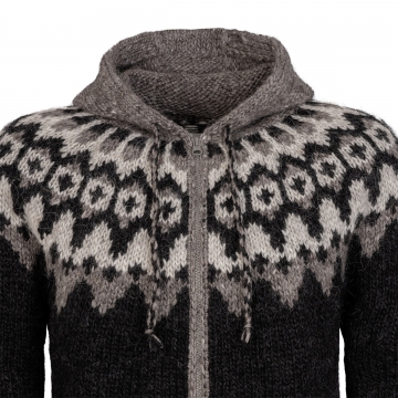 Hooded Icelandic Cardigan with zipper - hand-knit - black / brown