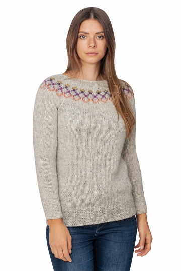 Damen Island-Pullover - Handgestrickt - hellgrau / bunt