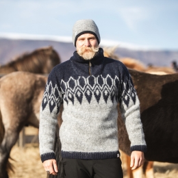 Isländischer Wollpullover - Ísar - Grau / Dunkelblau