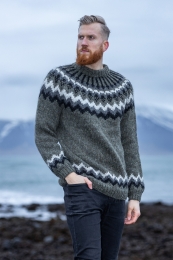 Herren Islandpullover HSI-216 - Handgestrickt - Grau-Grün