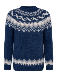 Handgestrickter Islandpullover - Größe L - Blau - A= 68 cm, B= 56 cm, C= 45 cm