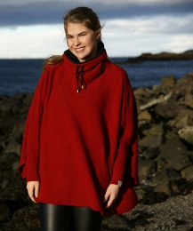 Damen Strick-Poncho mit Kragen - rot