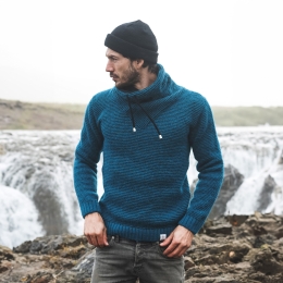 High Neck Wool Pullover with collar lining - turquoise