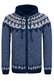 Hooded Icelandic Cardigan with zipper - hand-knit - blue